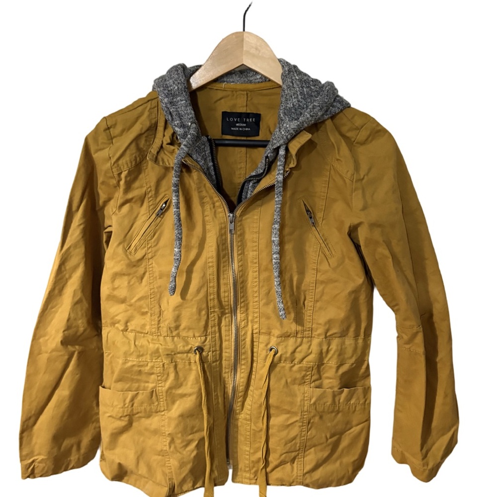 Love Tree Mustard Yellow Utility Jacket with Gray Knit Hood – Women’s Medium